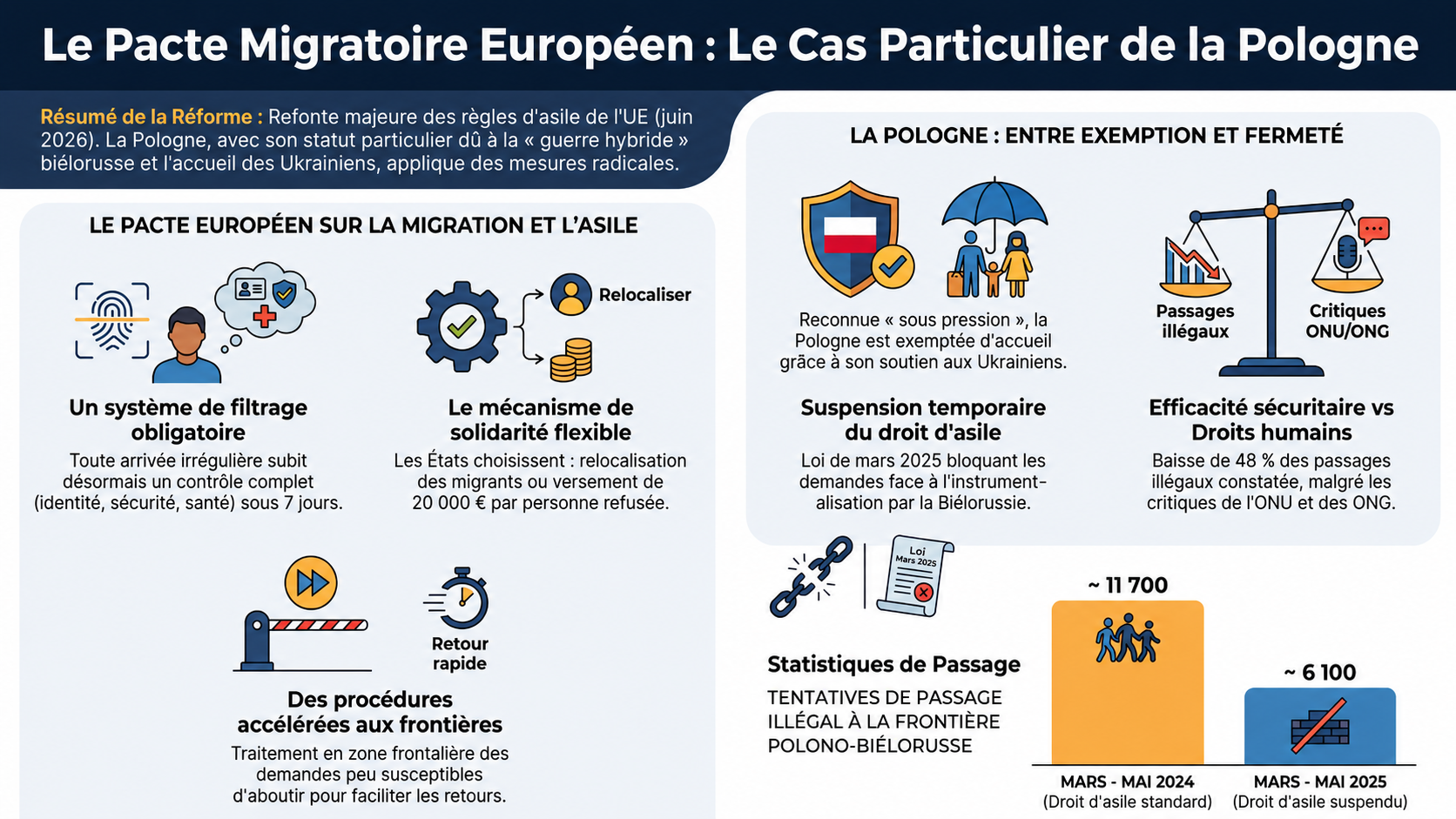 Infographie résumant le pacte migratoire européen et le cas de la Pologne : filtrage obligatoire, mécanisme de solidarité, exemption polonaise, suspension du droit d'asile à la frontière biélorusse et baisse des passages illégaux.